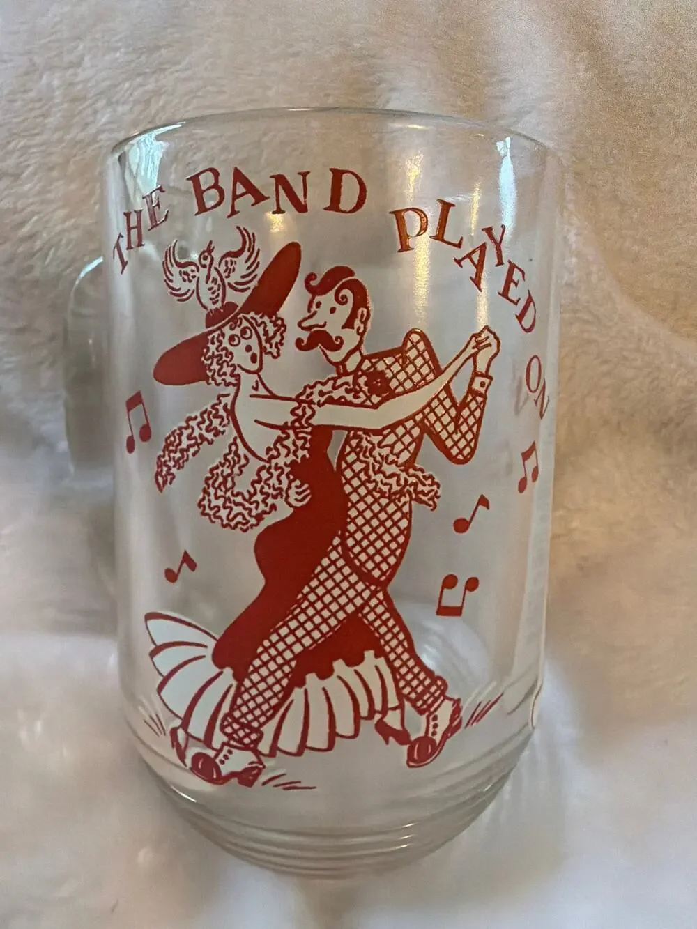 VTG Hazel Atlas The Band Played On Song Lyrics Glass Mug Dancing Couple Red 5